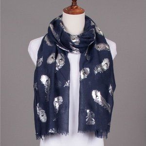 Foil Feather Print Fashion Scarf - Navy Blue